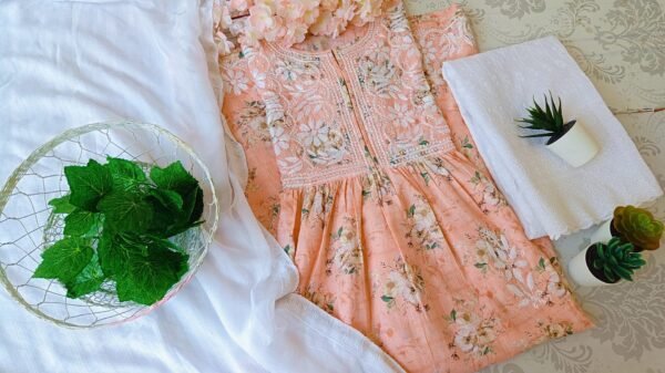 Calming Pastel Peach Summer Floral Chikankari Anarkali Outfit