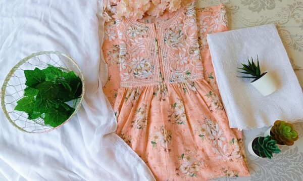 Calming Pastel Peach Summer Floral Chikankari Anarkali Outfit