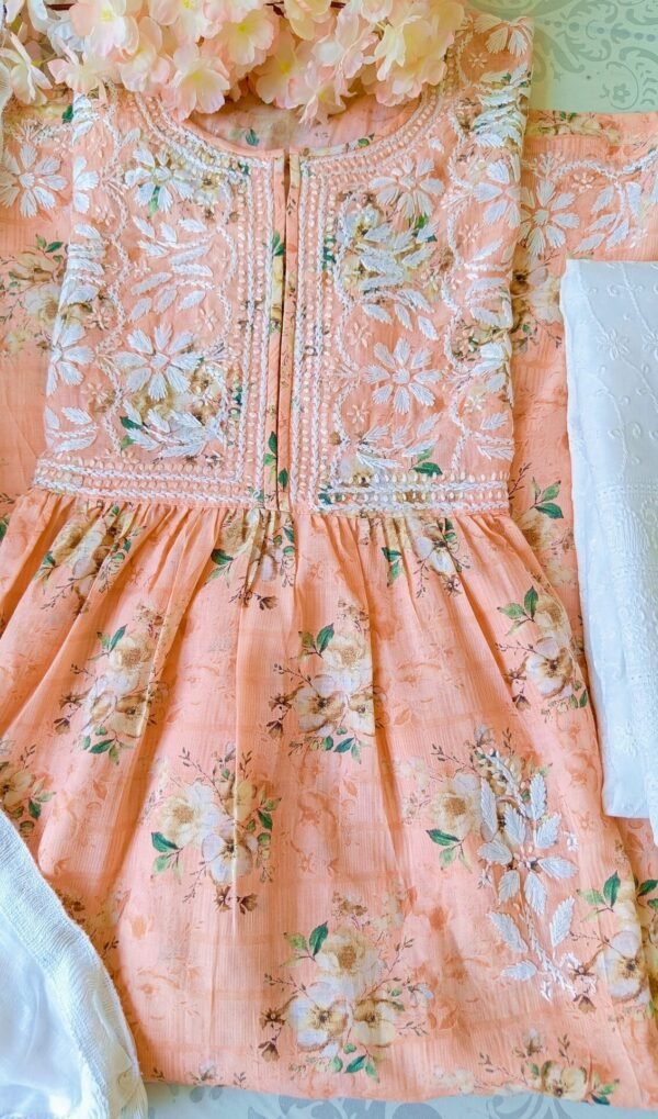 Calming Pastel Peach Summer Floral Chikankari Anarkali Outfit