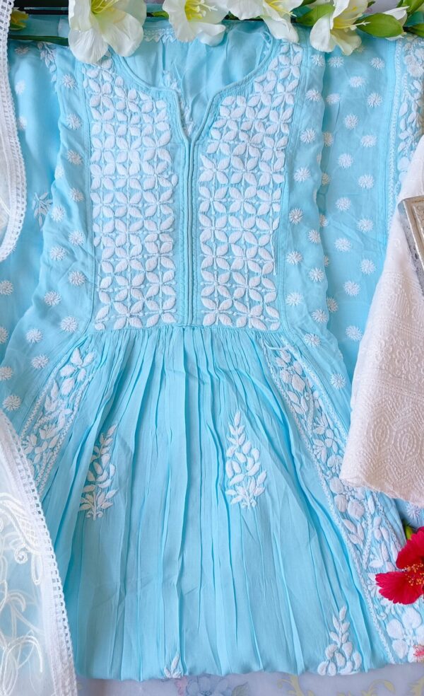 Comforting Pastel Turquoise Blue Modal Chikankari Anarkali Outfit