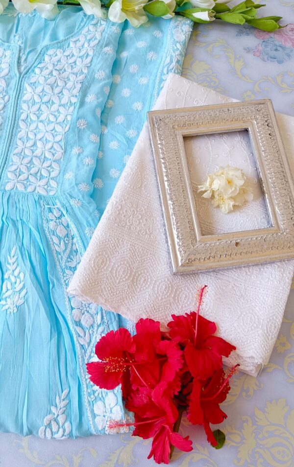 Comforting Pastel Turquoise Blue Modal Chikankari Anarkali Outfit