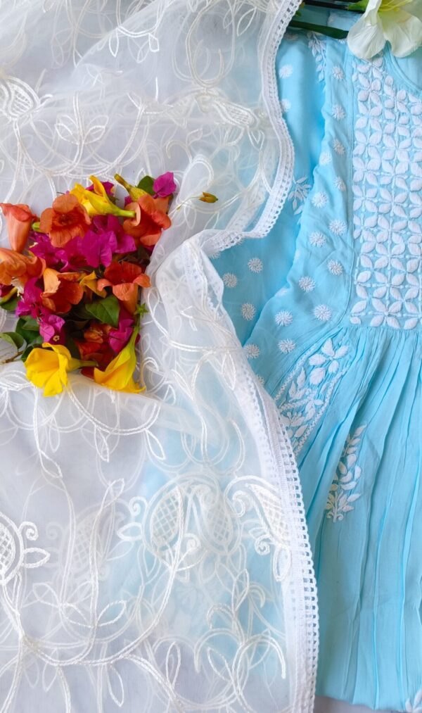 Comforting Pastel Turquoise Blue Modal Chikankari Anarkali Outfit