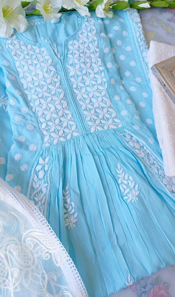 Comforting Pastel Turquoise Blue Modal Chikankari Anarkali Outfit