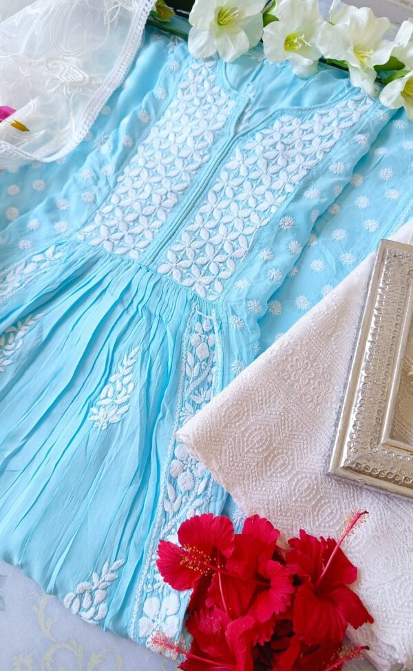 Comforting Pastel Turquoise Blue Modal Chikankari Anarkali Outfit