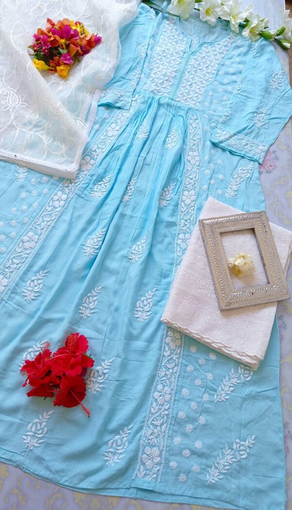 Comforting Pastel Turquoise Blue Modal Chikankari Anarkali Outfit