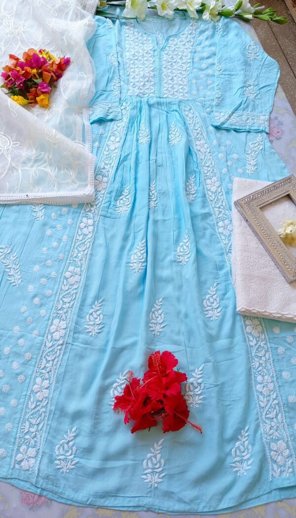 Comforting Pastel Turquoise Blue Modal Chikankari Anarkali Outfit