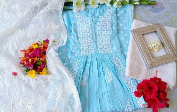 Comforting Pastel Turquoise Blue Modal Chikankari Anarkali Outfit