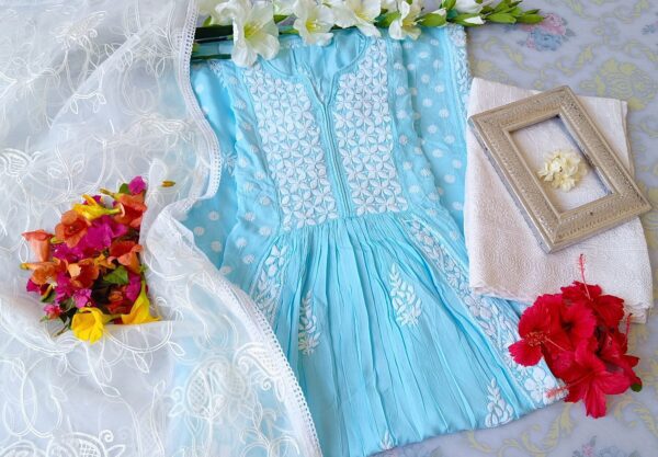 Comforting Pastel Turquoise Blue Modal Chikankari Anarkali Outfit