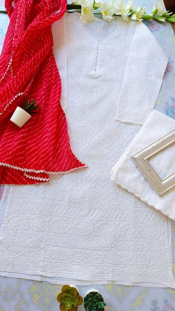 Glaring White Red Leheria Chikankari Outfit