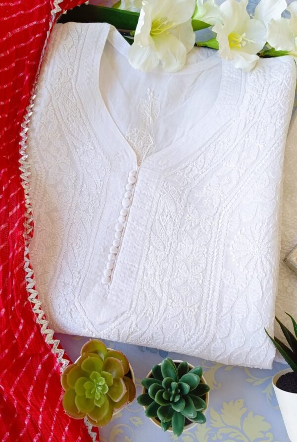 Glaring White Red Leheria Chikankari Outfit