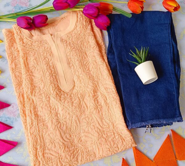 Summer Cool Peach Chikankari Kurta With Blue Denim Pants