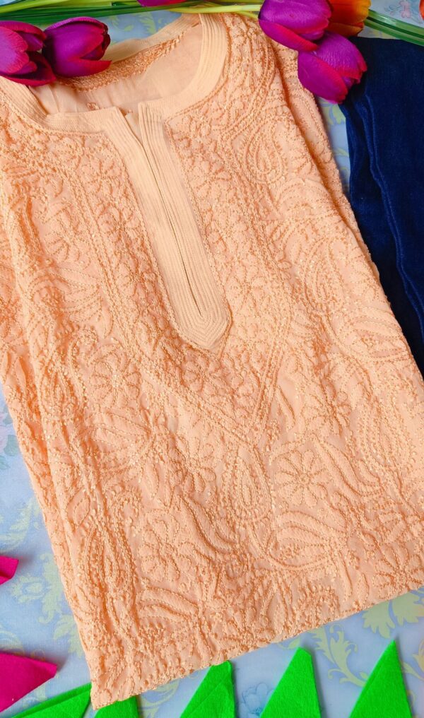 Summer Cool Peach Chikankari Kurta With Blue Denim Pants