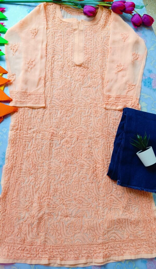 Summer Cool Peach Chikankari Kurta With Blue Denim Pants