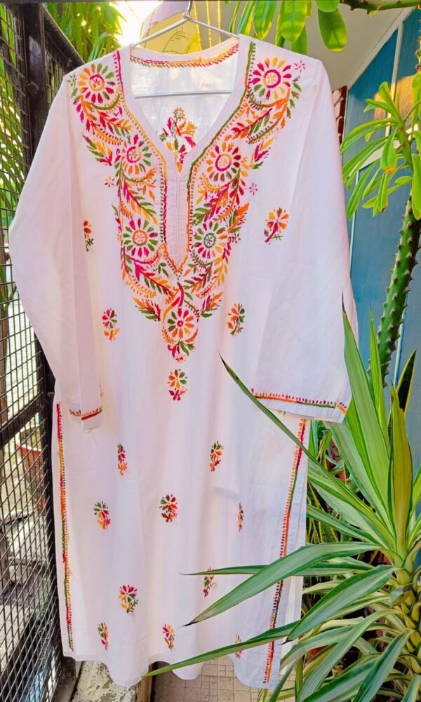 Flashy White Multicolor Cotton Chikankari Kurta With Multicolor Bangles