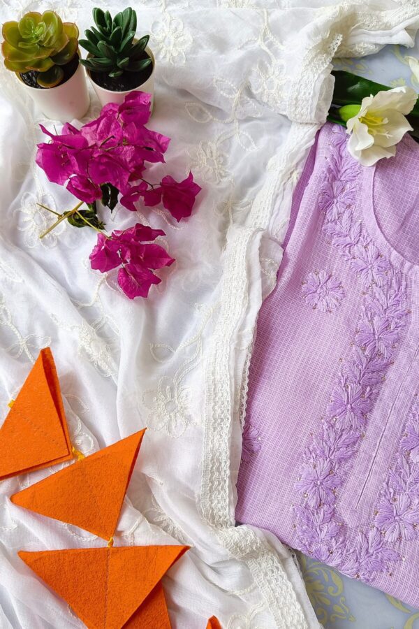 Refreshing Lavender Kota Mukaish Chikankari Outfit