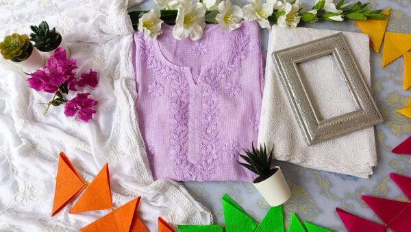 Refreshing Lavender Kota Mukaish Chikankari Outfit