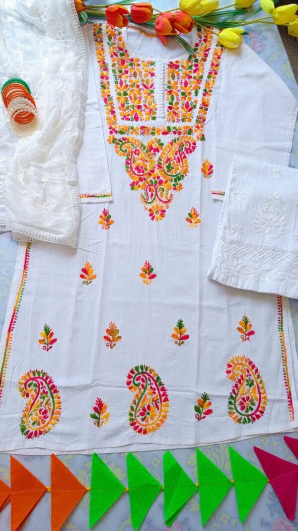 Impressive White Multicolor Cotton Chikankari Outfit