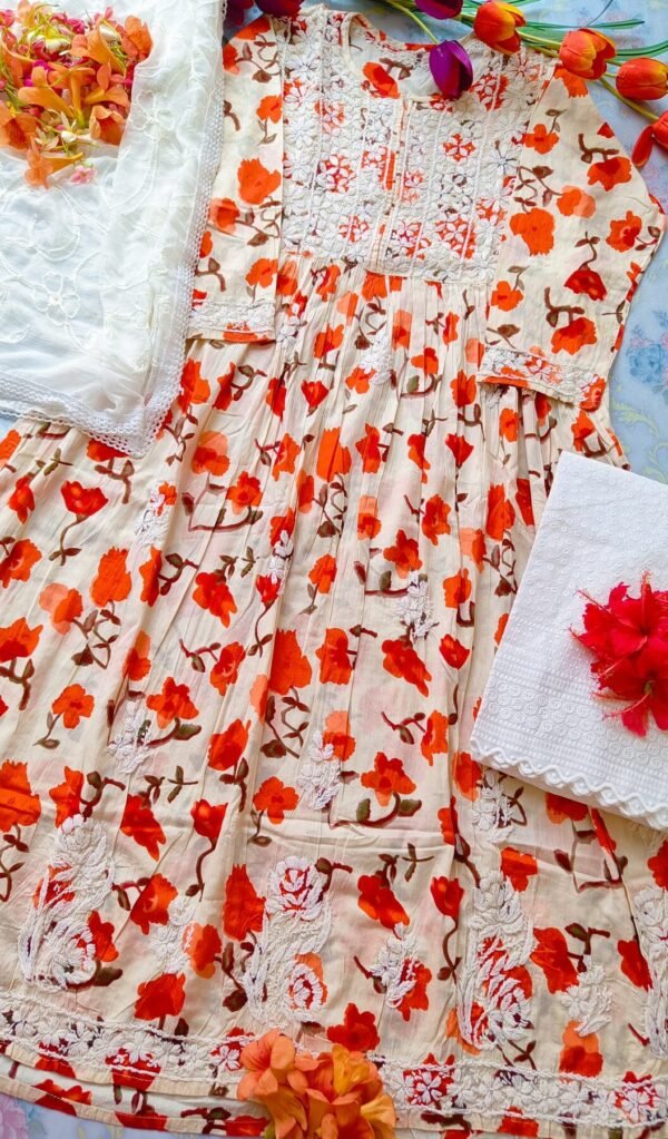 Awe Inspiring Red Orange Floral Chikankari Anarkali Outfit