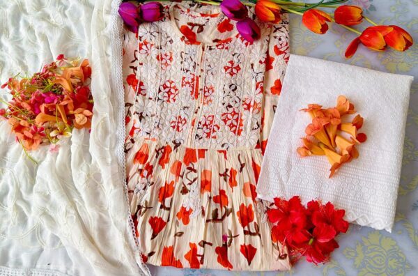 Awe Inspiring Red Orange Floral Chikankari Anarkali Outfit