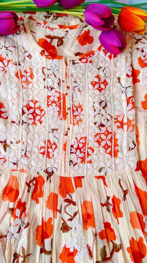 Awe Inspiring Red Orange Floral Chikankari Anarkali Outfit