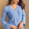 Classy Powder Blue Chikankari Kurta With Blue Denim Pants