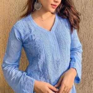 Classy Powder Blue Chikankari Kurta With Blue Denim Pants