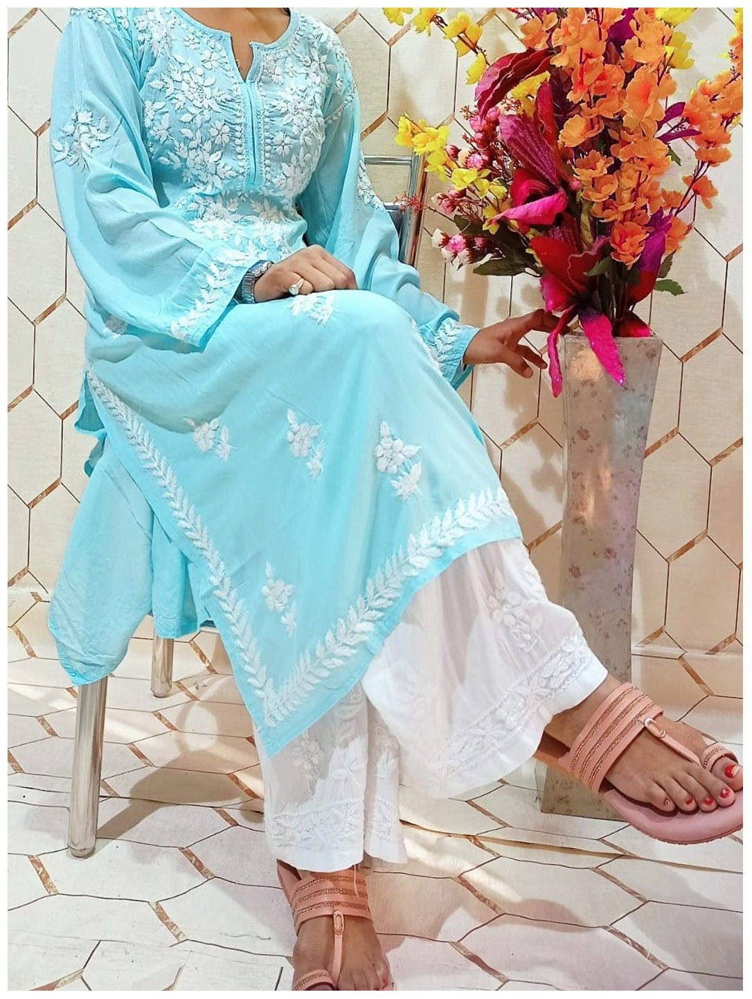 Sophisticated White Modal Chikankari Kurta With Blue Denim Pants