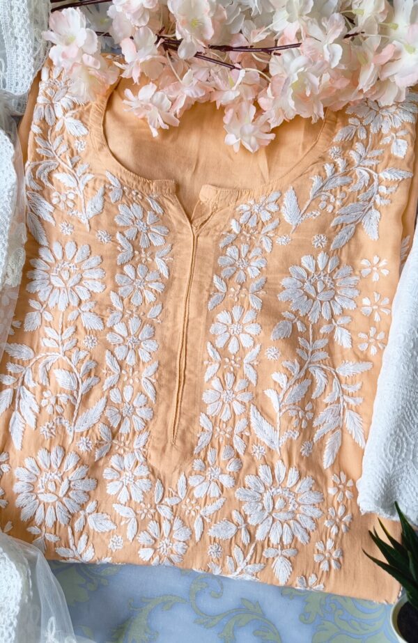 Appealing Pastel Orange Modal Chikankari Outfit