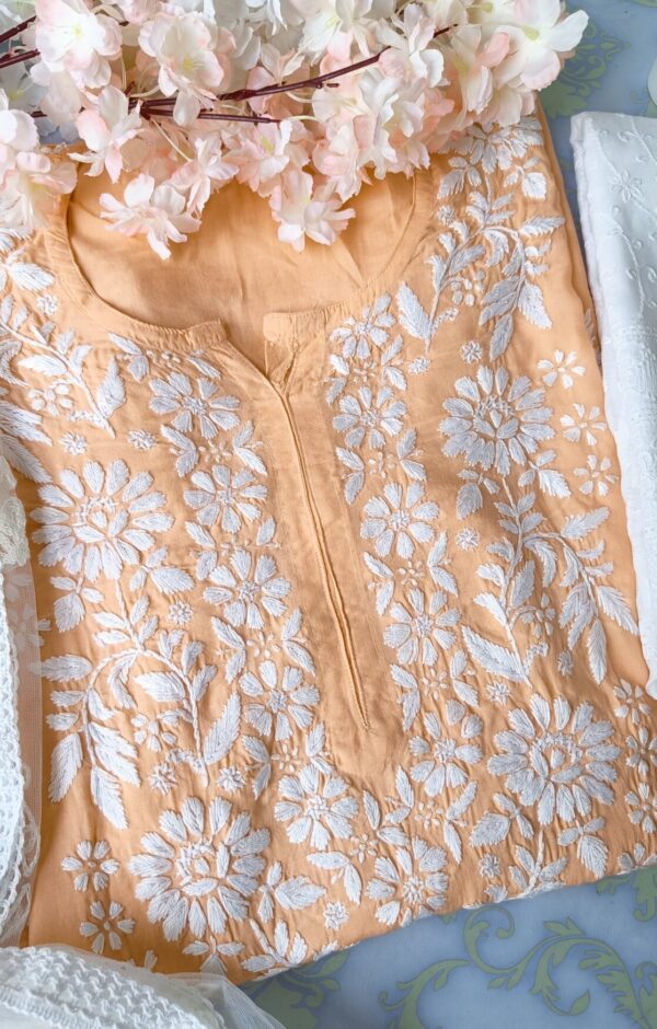 Appealing Pastel Orange Modal Chikankari Outfit