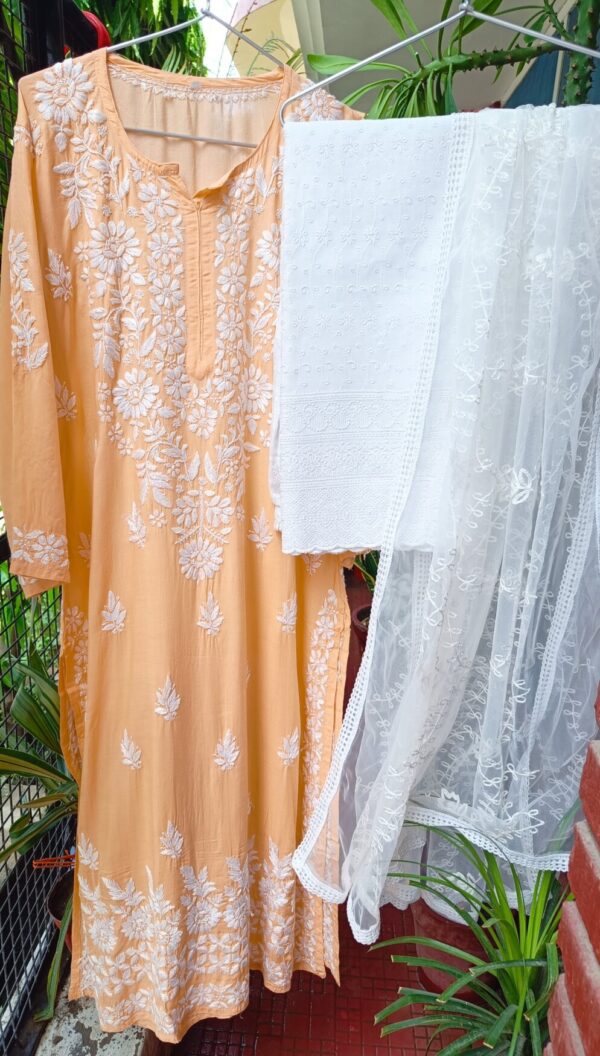 Appealing Pastel Orange Modal Chikankari Outfit