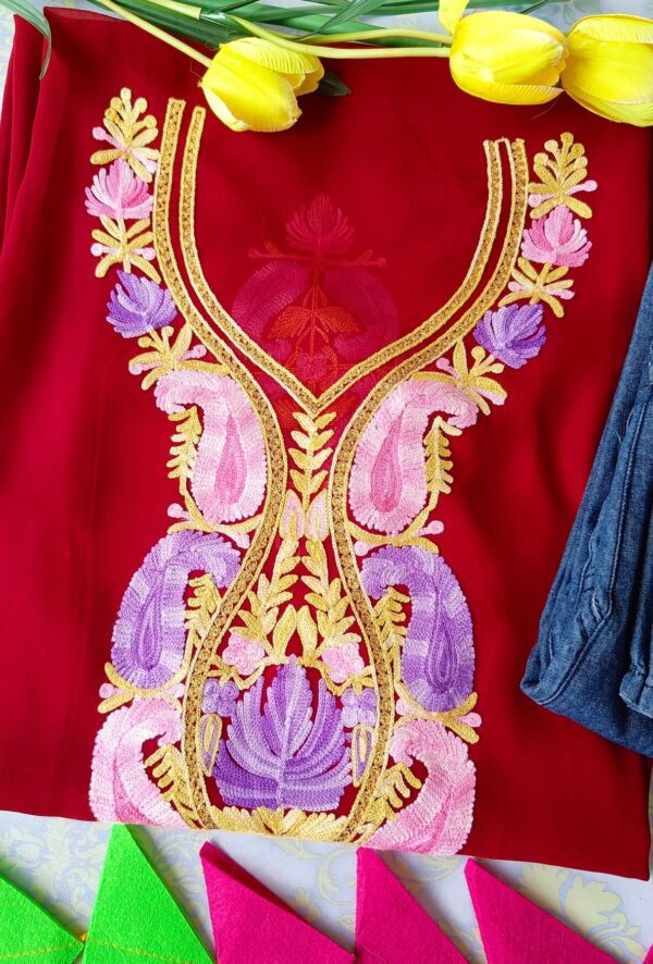 Royal Red Kashmiri Work Outfit With Denims