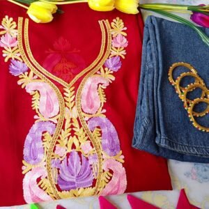 Royal Red Kashmiri Work Outfit With Denims