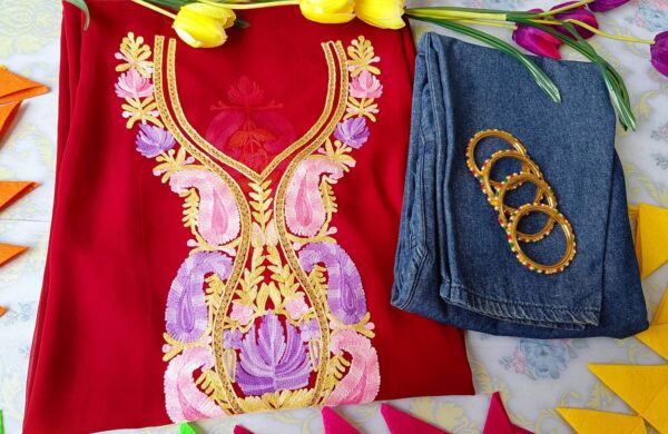 Royal Red Kashmiri Work Outfit With Denims