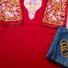 Royal Red Kashmiri Work Outfit With Denims