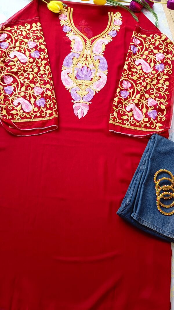 Royal Red Kashmiri Work Outfit With Denims