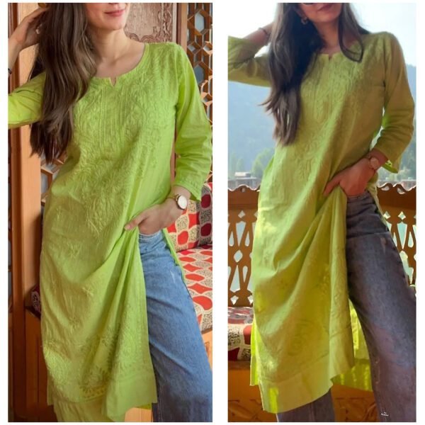 Arresting Lime Green Chikankari Outfit With Denims