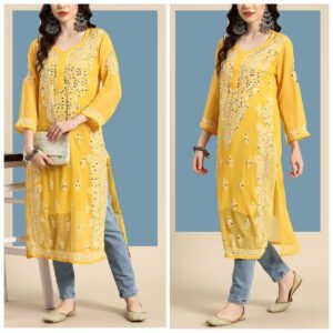 Gleaming Yellow Mirror Chikankari Kurta With Blue Denim Pants