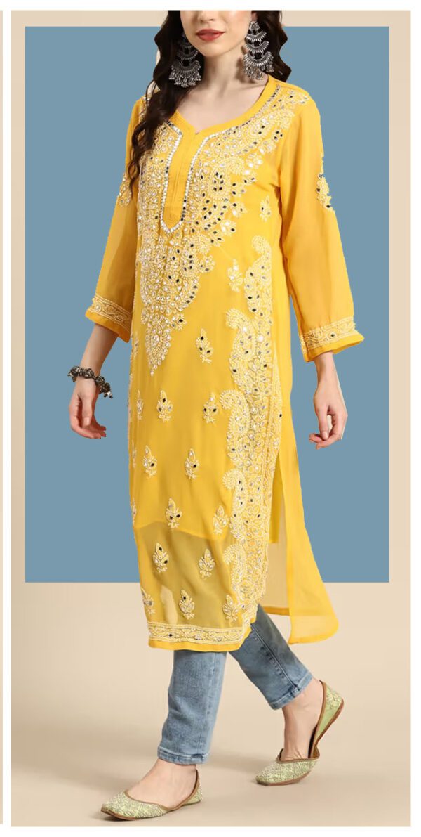 Gleaming Yellow Mirror Chikankari Kurta With Blue Denim Pants