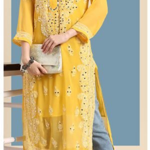 Gleaming Yellow Mirror Chikankari Kurta With Blue Denim Pants