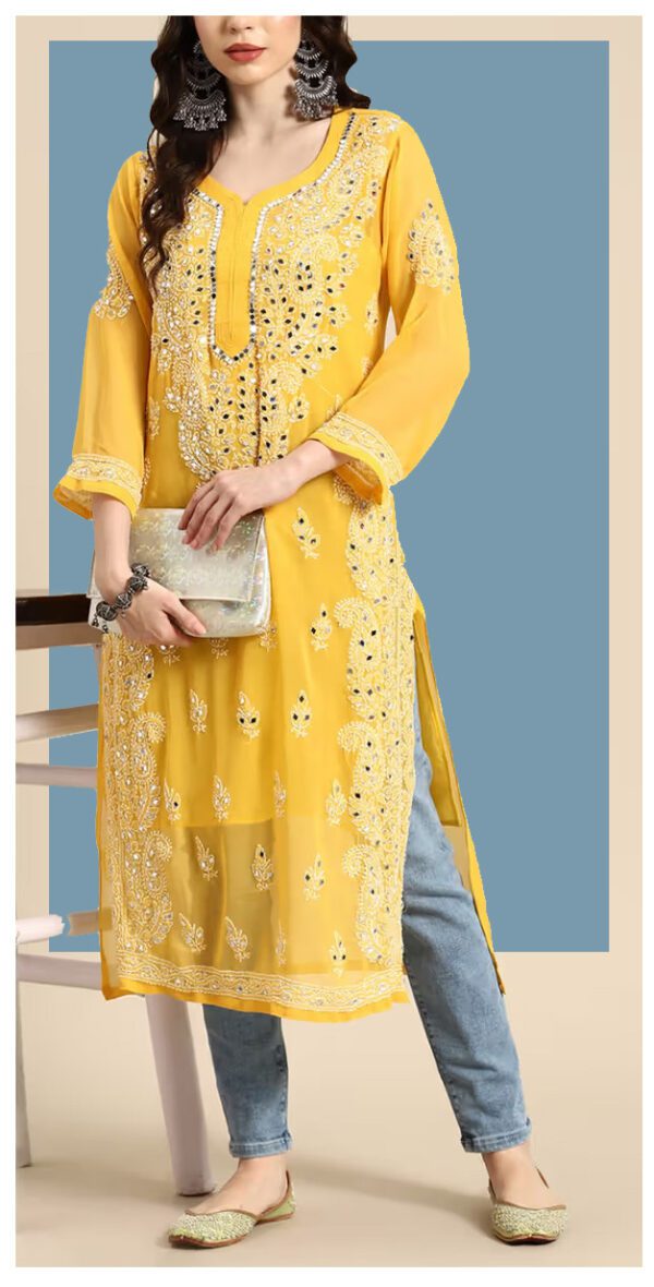 Gleaming Yellow Mirror Chikankari Kurta With Blue Denim Pants