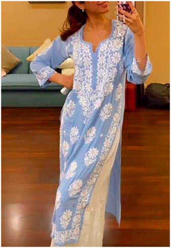 Smashing Powder Blue Modal Chikankari Outfit With Earrings