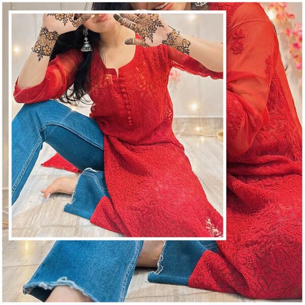 Rosy Red Chiffon Chikankari Outfit