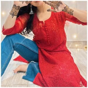 Rosy Red Chiffon Chikankari Outfit