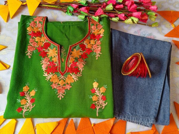 Impressive Green Multicolor Kashmiri Phiran With Denims