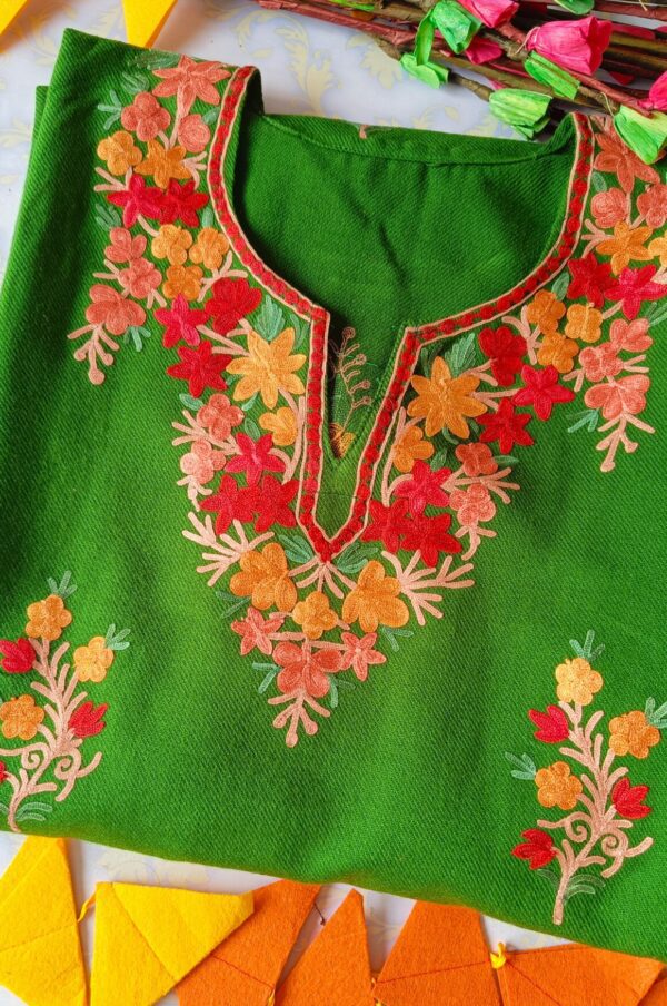 Impressive Green Multicolor Kashmiri Phiran With Denims