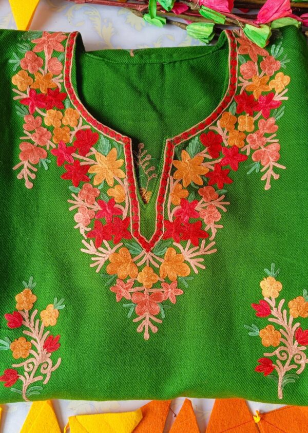 Impressive Green Multicolor Kashmiri Phiran With Denims