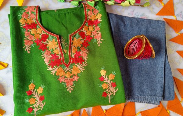 Impressive Green Multicolor Kashmiri Phiran With Denims