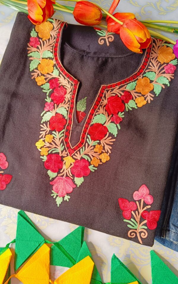 Imperial Black Multicolor Kashmiri Phiran With Denims