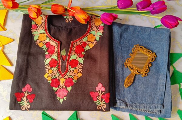 Imperial Black Multicolor Kashmiri Phiran With Denims