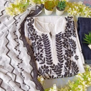 Flattering White Black Cotton Chikankari Outfit